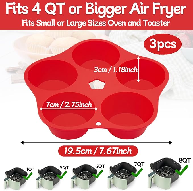 3 Pieces Silicone Air Fryer Muffin Pan Round Egg Bite Mold for Oven Baking,Mini Muffin Tins Cups Cake Tray for Air Fryer Liners Basket Instant Pot Accessories Baking Muffin Pancake