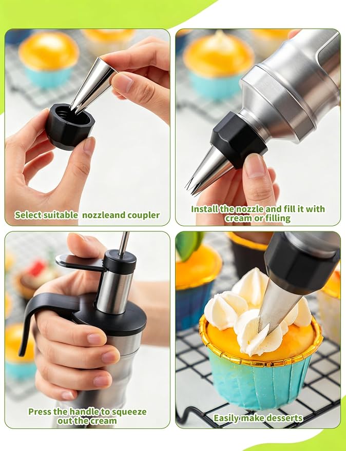 Dessert Decorating Syringe Set, Stainless Steel Cake Decorating Kit with Icing Piping Bags and Tips Set, Reusable Frosting Piping Kit for Cupcake, Cookie and Pastry Baking Supplies