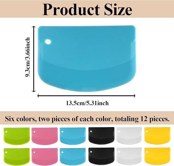 TIESOME 12PCS Dough Scraper, Plastic Thickened Bench Scraper 6 Colors Multipurpose Bowl Scraper for Kitchen, Baking, Cake, Bread, Pizza, and Pastry