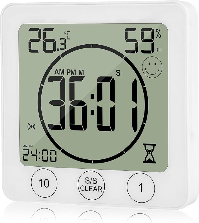 Digital Shower Timer Clock with Temperature & Humidity Display – Waterproof Bathroom Wall Clock for Kids, Spa, Kitchen – Touch Screen Countdown Timer, Magnetic Mount, Suction Cup & Stand