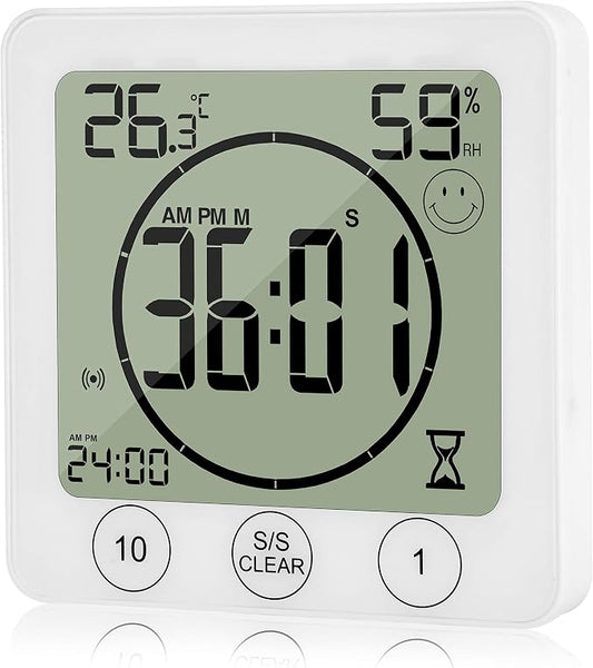 Digital Shower Timer Clock with Temperature & Humidity Display – Waterproof Bathroom Wall Clock for Kids, Spa, Kitchen – Touch Screen Countdown Timer, Magnetic Mount, Suction Cup & Stand