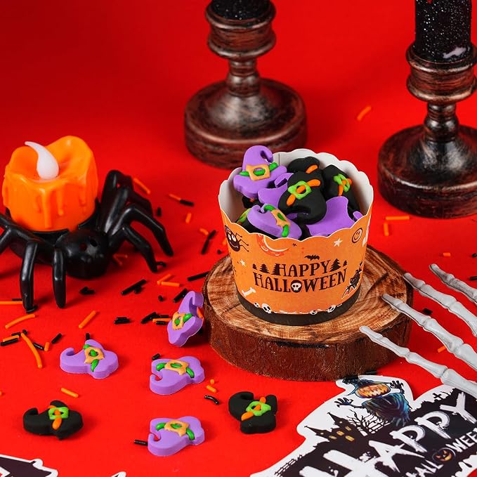 Edible Halloween Cake Decorations, 16 pcs Edible Witch Hats, Violet, and Black Witch Hats for Cupcakes Toppers, Cookies, Macarons, and Ice Cream