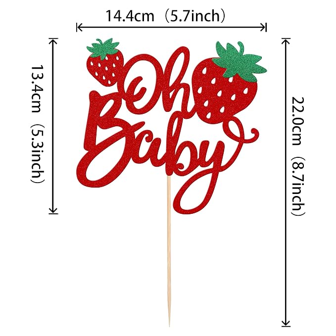 1 PCS Strawberry Oh Baby Cake Topper Glitter Baby Shower Strawberry Cake Pick Fruit Theme Oh Baby Cake Decoration for Baby Shower Kids Boys Girls Birthday Party Decorations Supplies Red