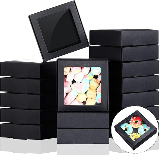 Zonon 60 Pcs Kraft Paper Boxes with Window 4.13 x 4.13 x 1.18 Inch Candy Packaging, Small Gift Boxes, Soap holder, Mini Treat Packaging for Bakery Chocolate Jewelry Display (Black)