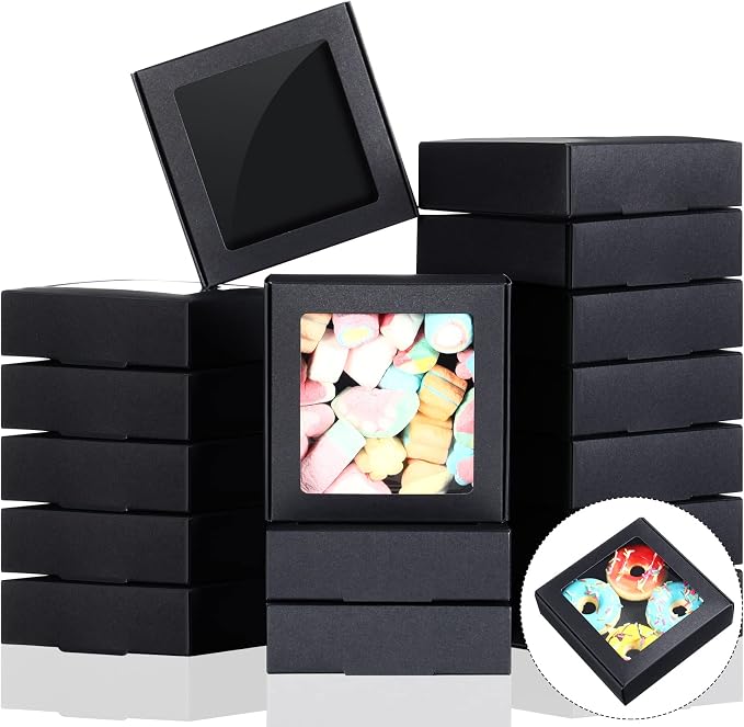 Zonon 30 Pcs Kraft Paper Boxes with Window 4.13 x 4.13 x 1.18 Inch Candy Packaging, Small Gift Boxes, Soap holder, Mini Treat Packaging for Bakery Chocolate Jewelry Display (Black)