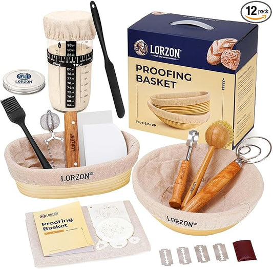 Lorzon Proofing Baskets with Sourdough Starter Jar Kit, 10" Round & 11" Oval Plastic Bannetons, Sourdough Bread Baking Supplies