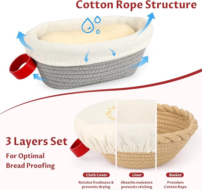 Cotton Rope Banneton Bread Proofing Basket Set, 10" Oval & 9" Round Baskets with Liners & Covers for Perfect Artisan & Sourdough Bread Baking at Home