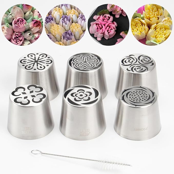 Extra Large Russian Piping Tip Set - 6 Stainless Steel Marshmallow Buttercream Framing Nozzles for 3D Roses Tulip Cake Decorations and Marshmallow Bouquets, Includes 1 Cleaning Brush(6E)