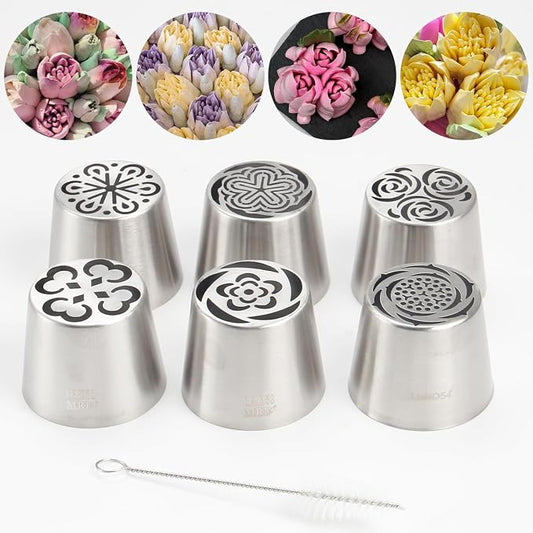 Extra Large Russian Piping Tip Set - 6 Stainless Steel Marshmallow Buttercream Framing Nozzles for 3D Roses Tulip Cake Decorations and Marshmallow Bouquets, Includes 1 Cleaning Brush(6E)