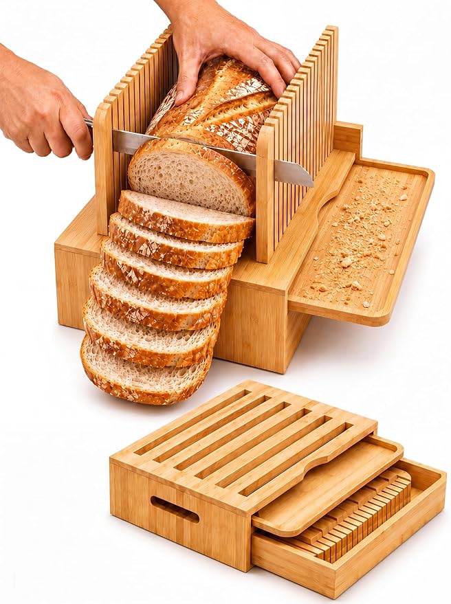 Natural Bamboo Bread Slicer, Bread Slicer Guide for Homemade Bread, Foldable Space-Saving Loaf Guide with Crumb Tray, Adjustable Thickness for Even Slices, Sturdy Cutter for Sourdough and Toast