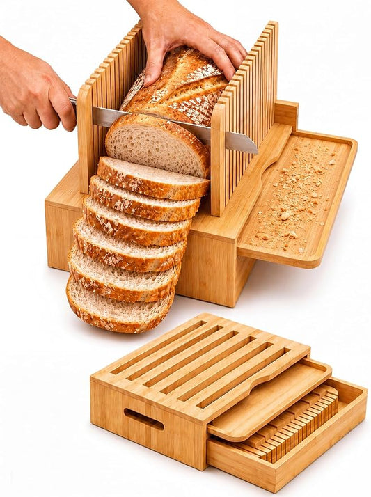 Natural Bamboo Bread Slicer, Bread Slicer Guide for Homemade Bread, Foldable Space-Saving Loaf Guide with Crumb Tray, Adjustable Thickness for Even Slices, Sturdy Cutter for Sourdough and Toast