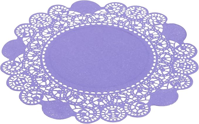 Pastry Tek 6 x 6 Inch Paper Lace Doilies, 100 Disposable Table Doilies - Elegant Lace Finish, Long Lasting, Purple Paper Doily, for Pastries, Cupcakes, Desserts - Restaurantware