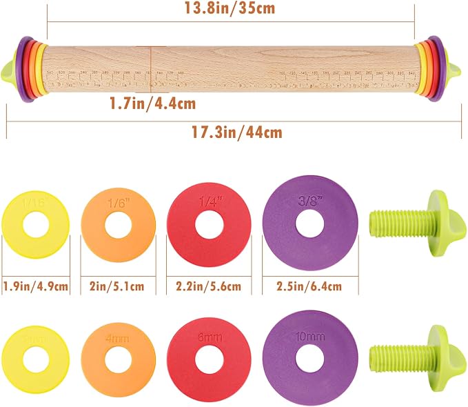 17Inch Wooden Rolling Pin, Rolling Pin with 4 Adjustable Thickness Ring, Graduated Rolling Pin for Baking, Fondant, Pizza, Crust, Cookies, Pastry