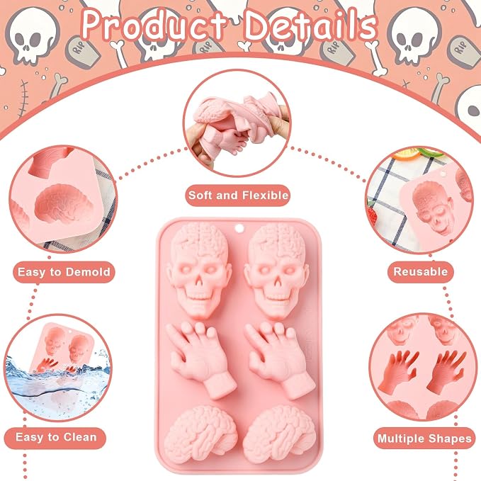 Ipotkitt 2pcs Pink Halloween Theme Silicone Candy Molds Skull Hand Brain Shaped Gummy Molds for Jelly Fondant Chocolate Candy Ice Cake DIY Crafts Keto Fat Bomb