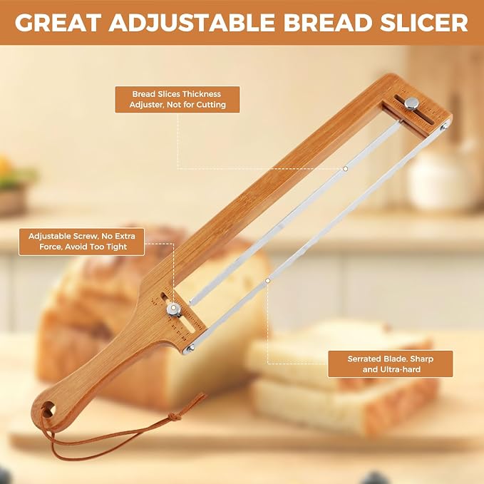 Adjustable Bread Knife — Precision Homemade Bread Slicer for Sourdough, Razor-Sharp Cutter Wooden Frame for Bagels, Baguettes Gift for Artisan Bakers