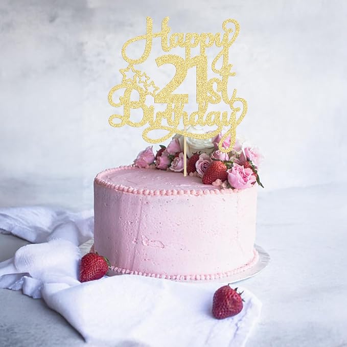 Ephlyn 1 Pack Gold Glitter 21st Birthday Cake Topper - Fabulous Cheers to 21 Years Old - Perfect for 21st Birthday Party & Anniversary Cake Decorations