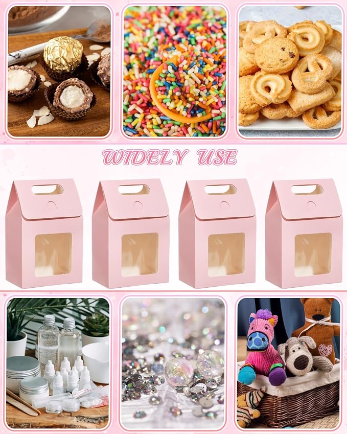 24 Pieces MINI Kraft Paper Gift Bags with Clear Window Small Goodies Gift Boxes with Handle 5.9 x 3.9 x 2.3inch Gable Candy Treat Box for Purim, Bakery Cookies, Wedding Favors, Small Business (pink)