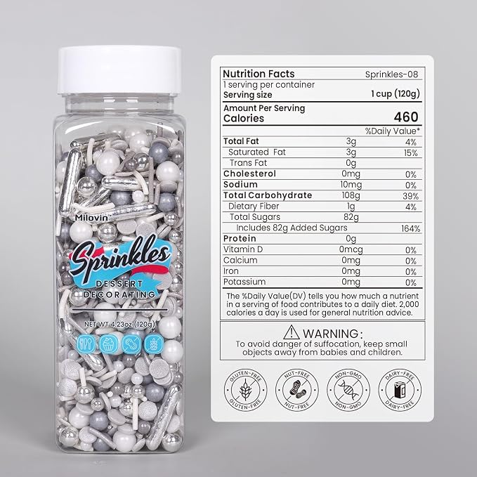 Silver Sprinkles for Cake Decorating, Silver Rob Sprinkles, Silver Pearl Sprinkles, Jimmy Sprinkles, Perfect for Cupcakes, Macaron, Cookies, Waffles, and Ice Cream Topping(120g/4.23oz)