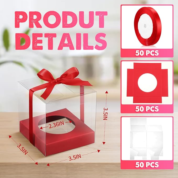 Thenshop 50 Pcs Clear Cupcake Boxes Individual 3.5 Inch Plastic Single Cupcake Containers Boxes with Inserts and Ribbon Individual Cake Storage Holders for Cake Kitchen(Red)