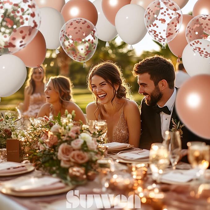 SUWEN 60PCS Metallic Rose Gold Confetti Balloons Set Latex Helium Chrome Rose Gold Balloon for Birthday Wedding Bridal Shower Anniversary Party Decorations