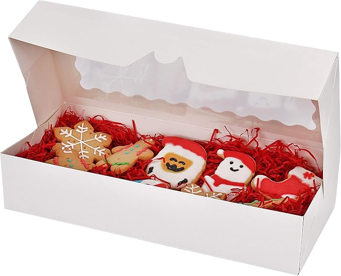 Tcoivs 30-Pack Cookie Boxes 12.5" x 5.5" x 2.5", Bakery Boxes with Window, Auto-Popup Treat Boxes for Pastries (White)