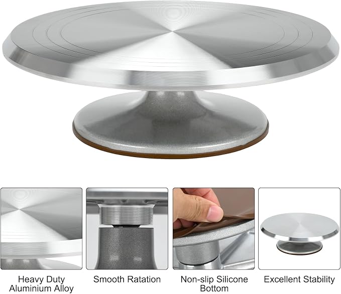 12 Inch Rotating Cake Stand, Aluminium Revolving Cake Turntable Cake Decorating Kit Supplies with Cake Icing Spatula, Cake Slicer, Silicone Spatula, Scraper s (7pcs)