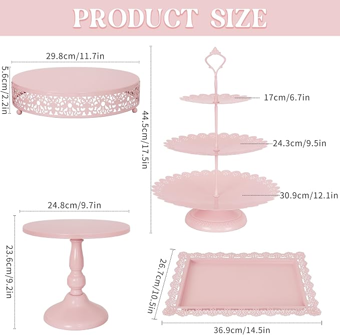 Fivenl 8 Pcs Cake Stand Pink Metal Dessert Table Display Set, 3-Tier Cupcake Stand, Cake Display Tower and Cookie Tray Rack Serving Tray for Birthday Party, Weddings, Baby Shower (Pink)