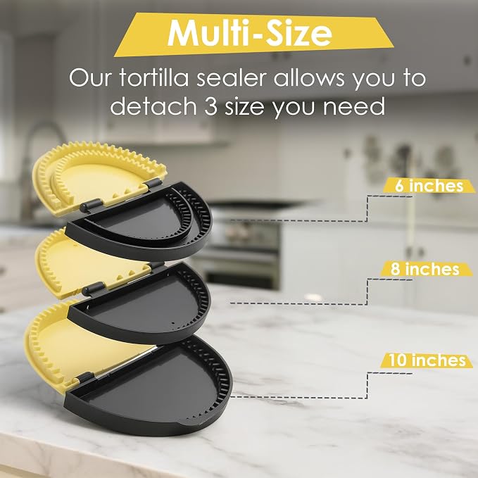 3-in-1 Tortilla Sealer, Tortilla Crimper Includes Free Rolling Pin – Adjustable and Removable 6, 8 & 10 Inch Plates for Burritos, Tacos, Quesadillas, Dumplings & Sandwiches – Yellow & Black