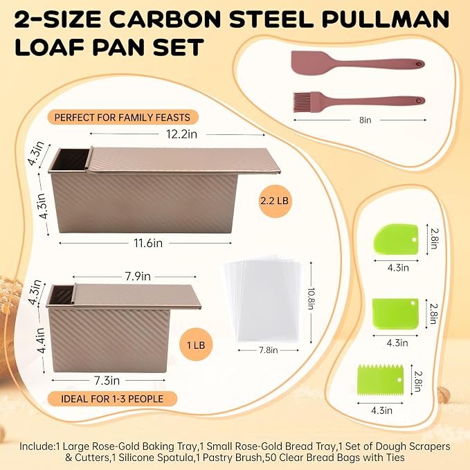 2 Pcs Pullman Loaf Pan with Lid, 2.2LB & 1LB Non-Stick Bread Pan, Carbon Steel Loaf Pans with Silicone Spatula & Oil Brush, Baking Pans Set for Homemade Bread, Square Toast Mold for Sourdough Bakeware