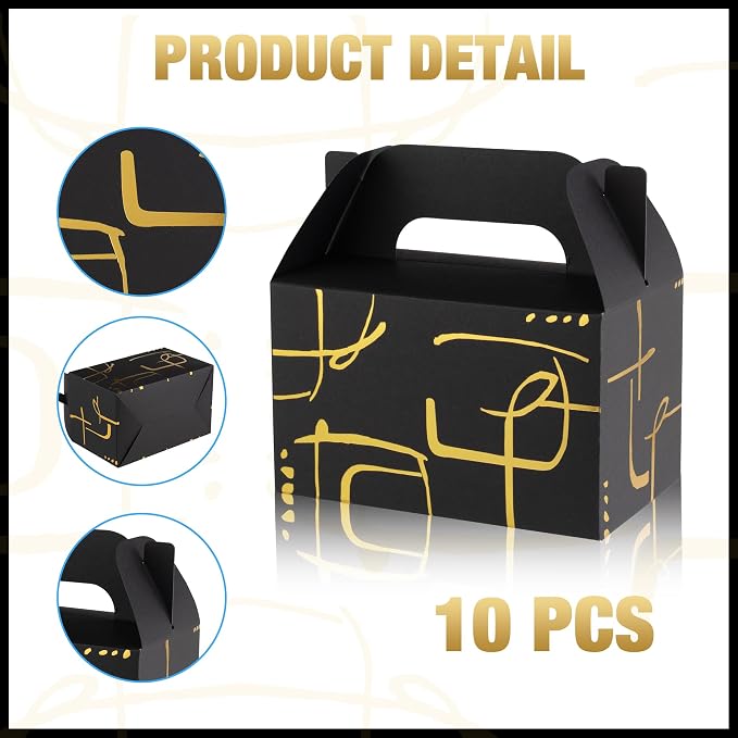 NyuOurea 10 PCS Black Gable Favor Treat Boxes, 6.5 x 4 x 4 Inches Elegant Gift Box with Handle for Guests, Goodie Boxes for Candy, Cookie, Graduation, Busniess, Birthday, Wedding, Geometry