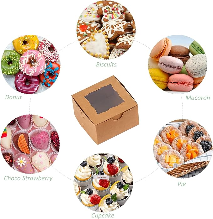 100Pcs Paper Cookie Boxes With Window Small Bakery Boxes 4x4x2.5 Inches Mini Cake Boxes For Pastries,Cupcakes,Desserts,Donuts,Chocolate Strawberries,Candy,Treat Boxes(4 * 4 * 2.5,Brown)