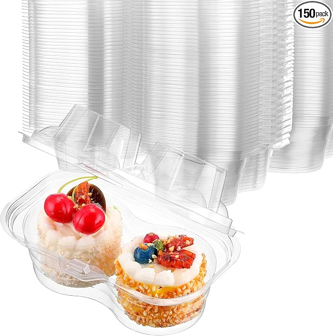 Eaasty 150 Pcs 2 Compartment Plastic Cupcake Containers Disposable Deep Cupcake Carrier Holder Box with Lids Stackable Clear Dessert Container for Muffin Pies Weddings Birthday Party