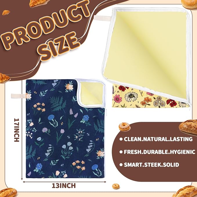 Hahafelt 2 Pack Beeswax Bread Bags with Zipper Seal for Sourdough and Homemade Bread XL Reusable Organic Linen Cotton Beeswax Loaves Food Storage Bag to Keep Fresh(Wildflower)