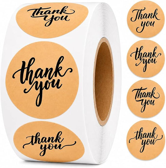 500 Thank You Stickers Roll – 1.5" Round Kraft Paper Labels with Black Script – Self-Adhesive Stickers for Small Business Packaging, Paper Bags, Gift Boxes & Envelopes