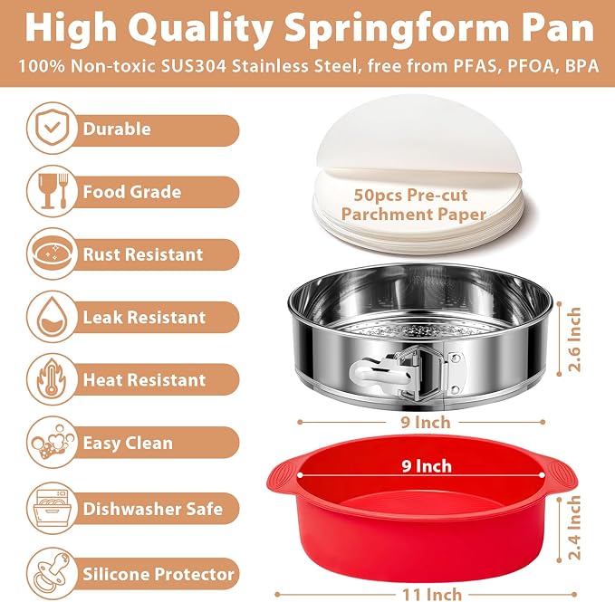 Stainless Steel Springform Pan 9 Inch Nonstick, Leakproof Spring Form Pan for Cheesecake, Cheesecake Pan with Protector, Cheese Cake Pans for Baking, 9 Inch Springform Pan with 50Pcs Parchment Paper