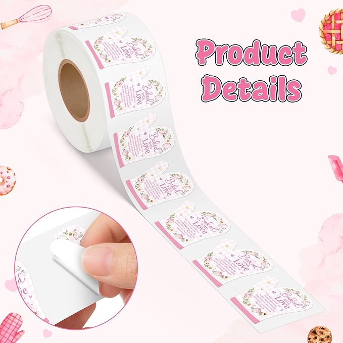 PANTIDE 500 Count Baked with Love Cottage Food Law Labels Stickers (Pink) | Flower Adhesive Oven Mitt Shaped Decal Roll, Made in A Home Kitchen, Inspection Statement Thermal Printed, for Food Packaging