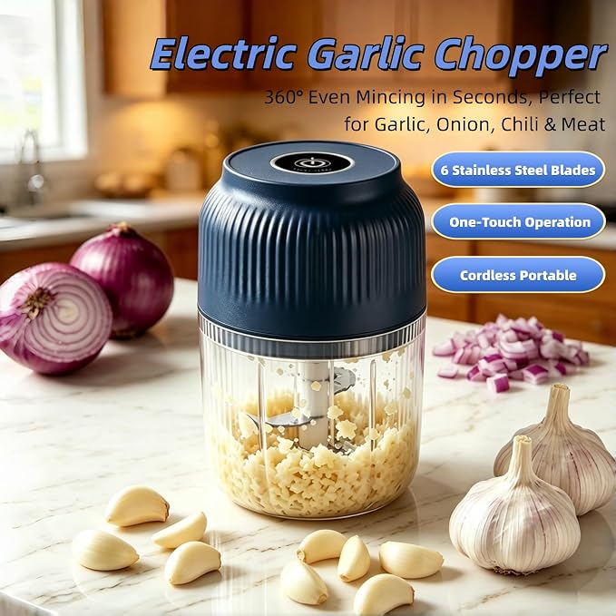 Electric Garlic Chopper, Mini Portable Veggie Chopper Garlic Grinder Masher Onion Chopper, Rechargeable Cordless Food Processor & Food Chopper for Ginger Chili Nut Meat Vegetables, 400ml (Blue)