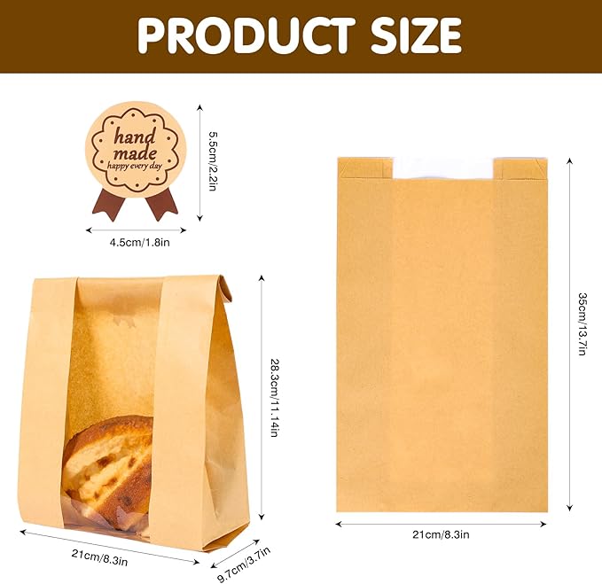 Moretoes Large Paper Bread Bags for Homemade Bread, 50Packs Sourdough Bread Bags with Window Includes Label Seal Stickers for Baked Food Packaging Storage (13.7x8.3x3.5 Inch), Brown