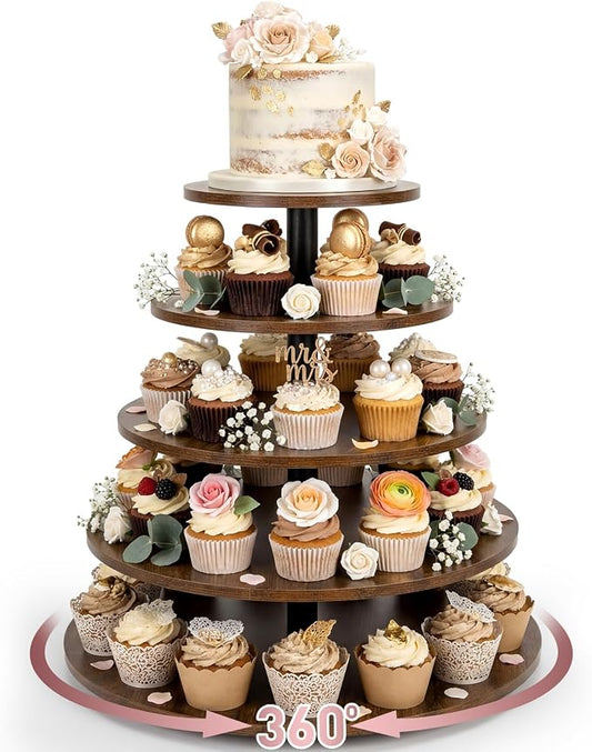 Funnymoom 5 Tier Large Round Cupcake Stand for 100 Cupcake Rustic Cupcakes Tower 360° Rotatable Wooden Cupcakes Holder Table Display Dessert Stand for Birthday Graduation Baby Shower Wedding 20.9''