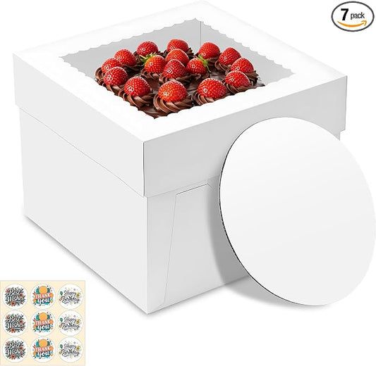 7 Pack Cake Boxes, 10x10x8 Inches Tall Cakes Box with Window, White Cake Boxes with Cakes Boards, Square Bakery Box, for Cake, Treat Cookie Dessert, Pastry, Birthday Party, Mother's Day, Weddings