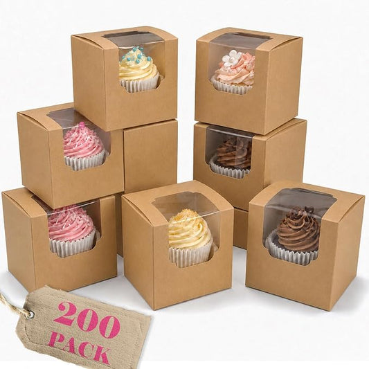 Bakepacker Auto-pop up Cupcake Boxes 200-Packs Brown 3.5" x 3.5" x 3.5", for Cake, Treat Cookie Dessert, Pastry, Birthday Party, Weddings