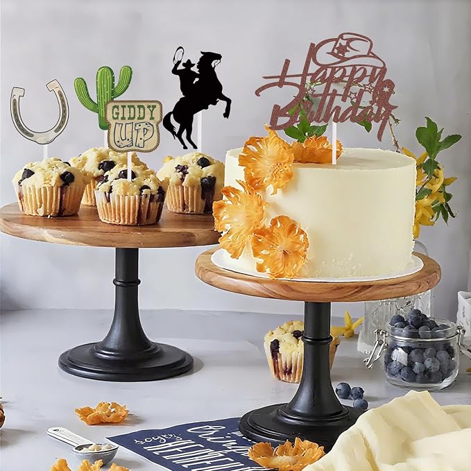 46 Pcs Cowboy Cake Toppers Glitter Cowboy Hat Cake Decorations Western Theme Happy Birthday Party Decoration for Boys Girls, Western Birthday Sign Decor Party Decor Party Supplies