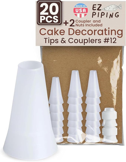 Reusable Plastic Piping Tips - Standard Size Round Tip #12 20 Pack with 2 Couplers Icing Nozzles for Cake Decoration Dessert Design Baking Supplies and Piping Bags Base Ø 0.75", Height 1.25"