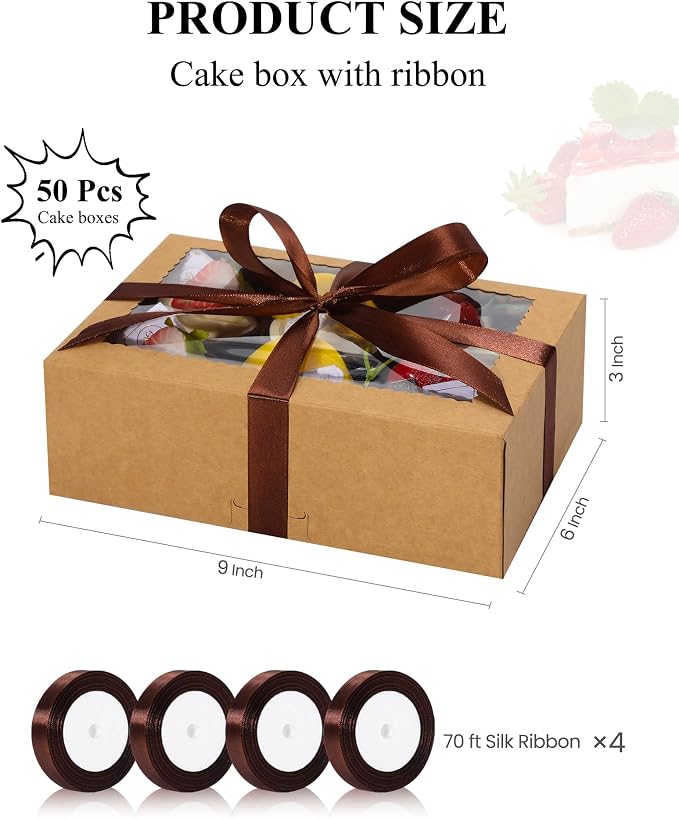 COTOPHER 50Pcs Cookie Boxes with Ribbons, 9x6x3 Inch Bakery Boxes with Window, Brown Treat Containers for Pastries, Chocolate Covered Strawberries, Dessert, Easter Candy, Muffins, Donuts