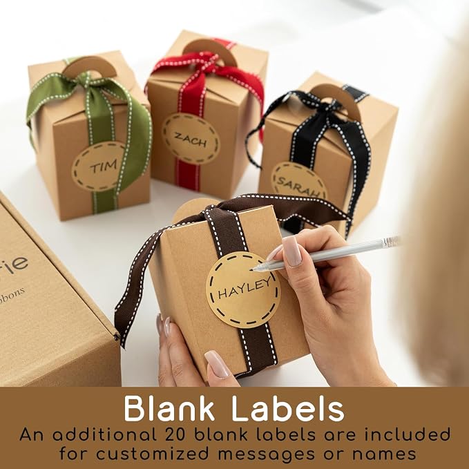 Small Gift Boxes with Ribbons & Stickers (20 Pack) 4.7” x 3.5” Brown Kraft Treat Boxes for Christmas Cookies, Candy, Decorative Candle Packaging, Jars, Mugs, Bulk, Rustic, Fall Thank You Favors Empty