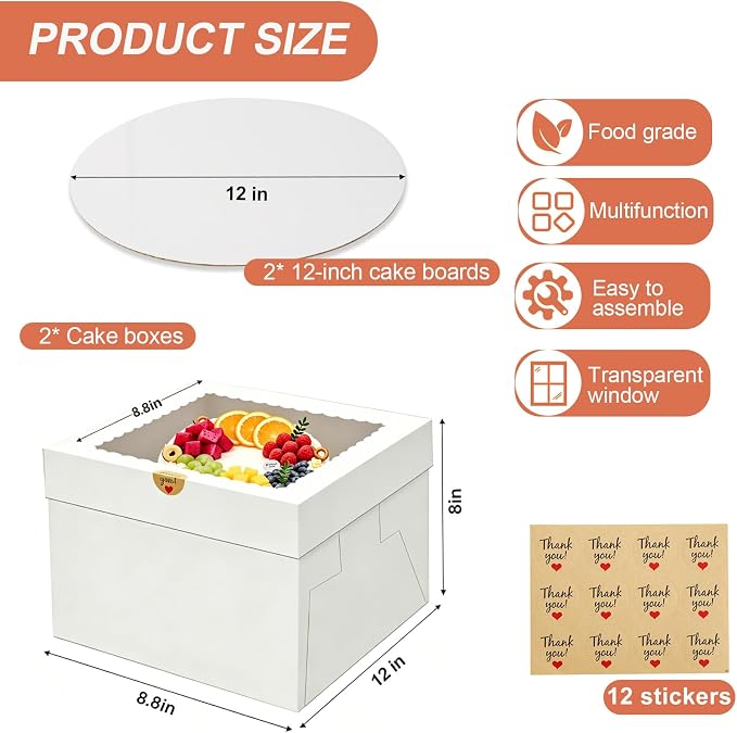 2 Pack Cake Boxes, 12x12x8 Inches Tall Cake Box with Window, Cake Carrier with Lids, White Cake Boxes with Cake Boards, for Cakes Cookie Cupcake Pie Birthday Party Wedding