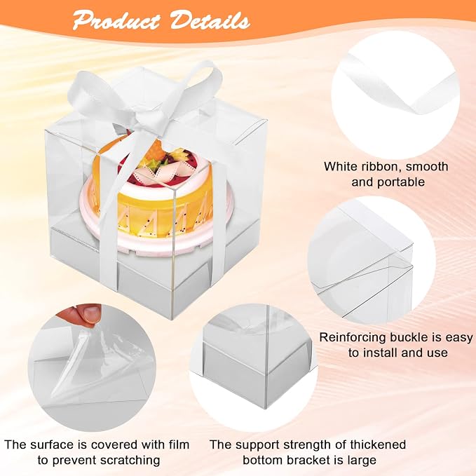12 Pack Clear Plastic Cupcake Boxes, 3.5 Inch Silver Single Cupcake Containers Disposable Individual Cupcake Carrier Holder Box with Inserts and Ribbon Clear Boxes for Cupcakes (Silver)