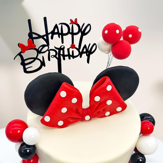 Tarocynn 20Pcs Mouse Birthday Cake Topper with Bows and Ears Happy Birthday Party Baby Shower Decorations Supplies