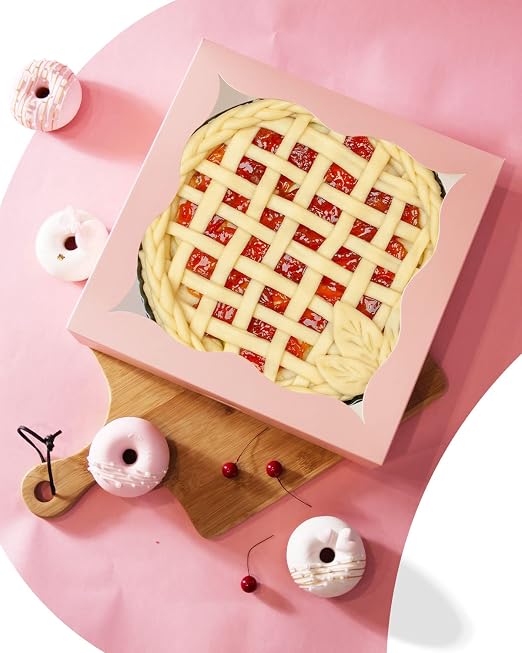 qiqee Auto-pop Up 12Packs Pink Pie Boxes with Window 12x12x3 Inch Cookie Donut Bakery Box