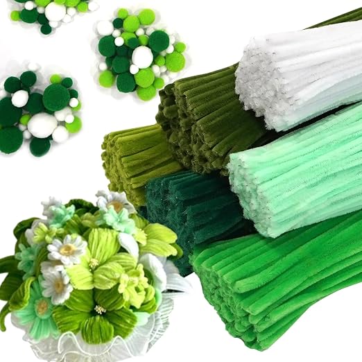 6 Color Green Pipe Cleaners Bulk with Pompoms - 900pcs Craft Kit Fluffy Fuzzy Wire and Pastel Pom Poms Chenille Stems for Arts & Crafts, Flowers School Classroom Christmas Party Supplies